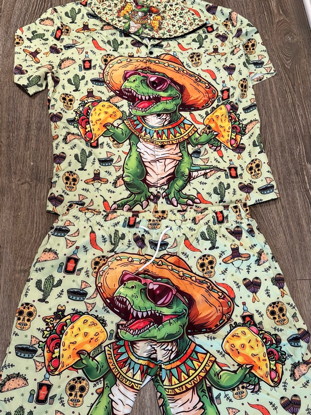 Taco Dinosaur Pajama Set - Green & Orange Graphic